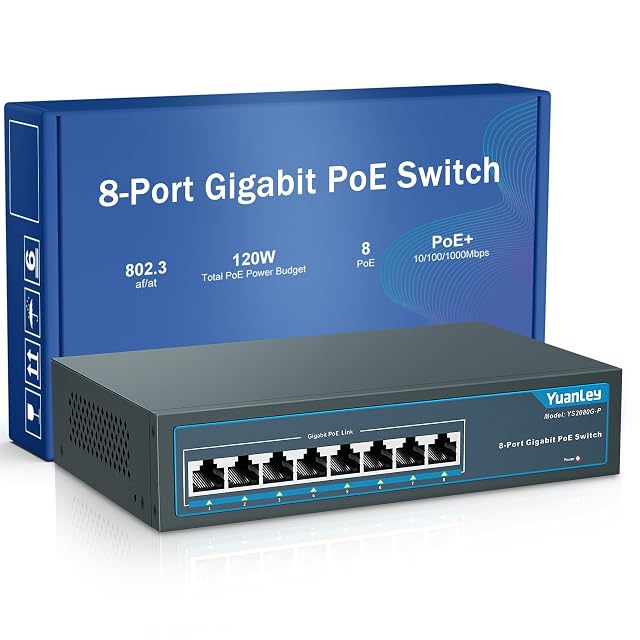 YuanLey YS2080G-P eight-port gigabit PoE switch in a metal case with mounting ears