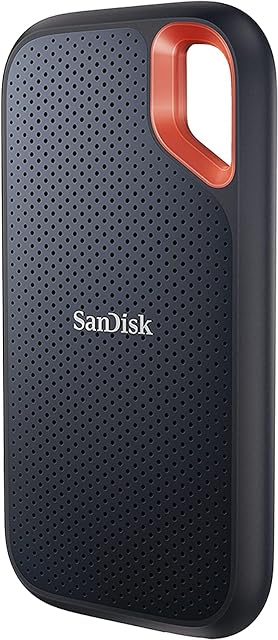 SanDisk Extreme Portable SSD 1 TB with a carabiner loop and a USB-C socket