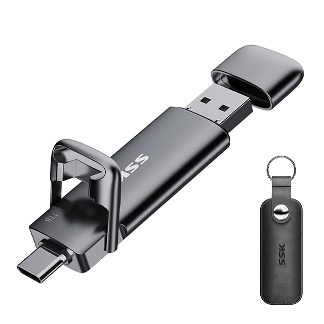 SSK SD301 1 TB portable SSD stick with USB-C and USB-A plugs on the body