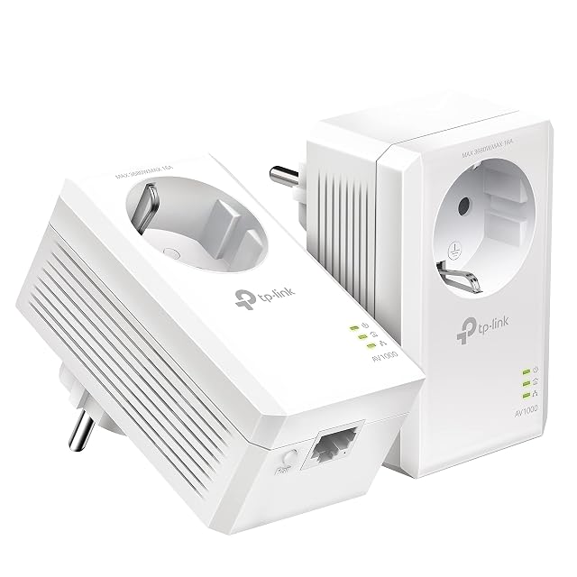 TP-Link TL-PA7017P powerline adapter with a pass-through mains socket and a gigabit Ethernet port