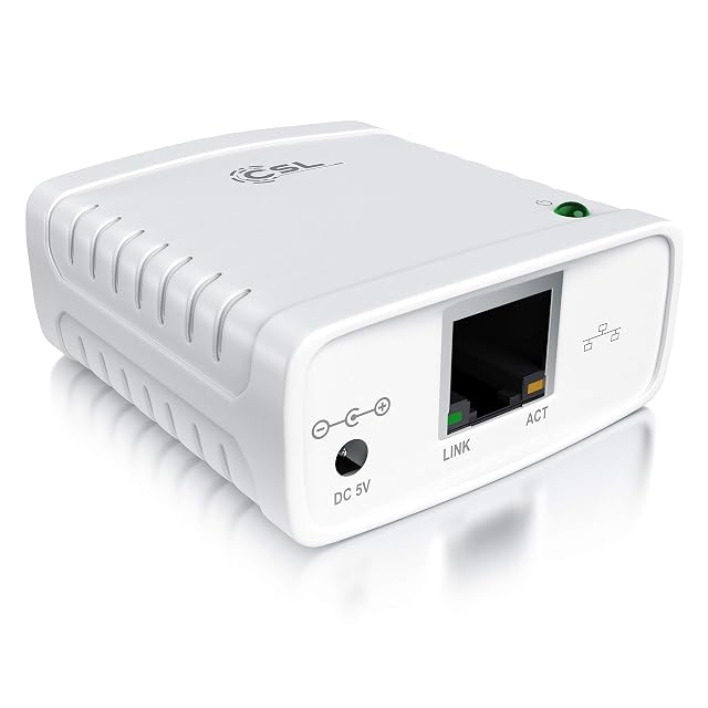 CSL LAN print server with an RJ45 network socket and a USB socket for a printer