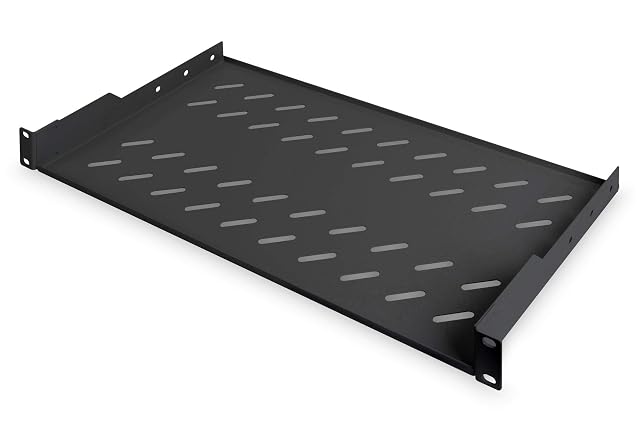 DIGITUS black perforated 19-inch 1U rack shelf with front mounting flanges