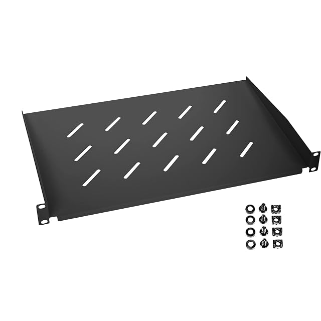 HMF black 19-inch 1U rack shelf with front mounting flanges