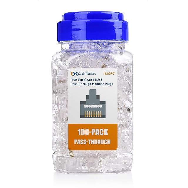 Cable Matters Cat 6 pass-through RJ45 plugs in a screw-top storage tub
