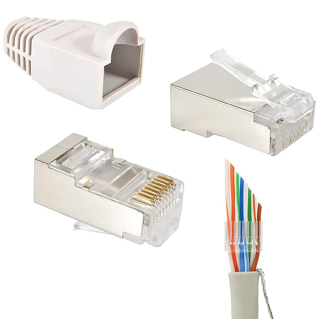 VESVITO shielded Cat 6 RJ45 crimp plug in grey with an insertion guide and boot