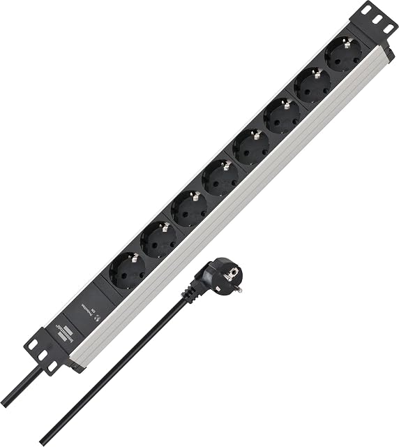 Brennenstuhl Alu-Line silver and black 19-inch power strip with eight angled earthed sockets