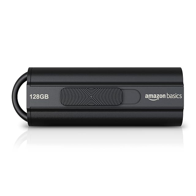 Amazon Basics black 128 GB flash drive with a telescopic sliding body