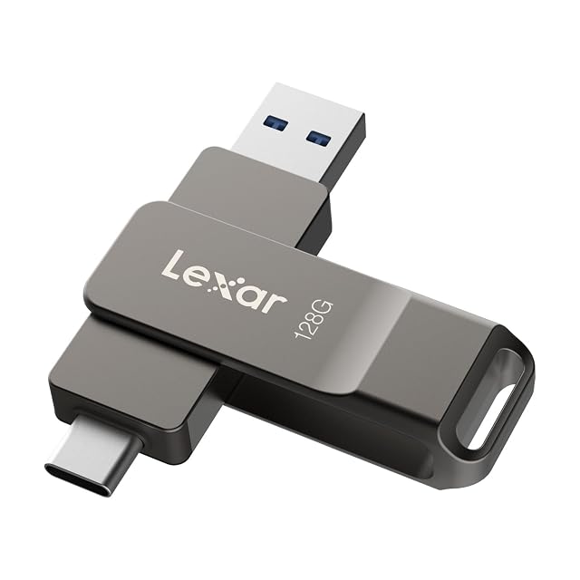 Lexar D40E dual 128 GB flash drive in titanium grey with a rotating cap covering a Type-C plug