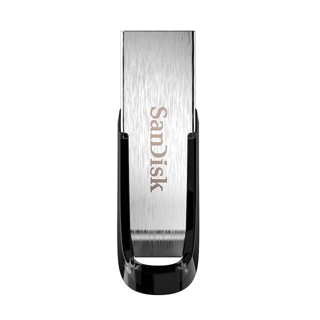 SanDisk Ultra Flair 128 GB flash drive with a black and silver metal body and a USB Type-A plug