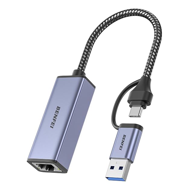 BENFEI USB-C to RJ45 gigabit Ethernet adapter with a short lead and an RJ45 socket