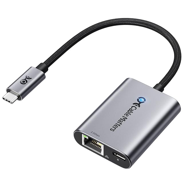 Cable Matters USB-C 2.5G Ethernet adapter with a braided lead and a USB-C power delivery socket