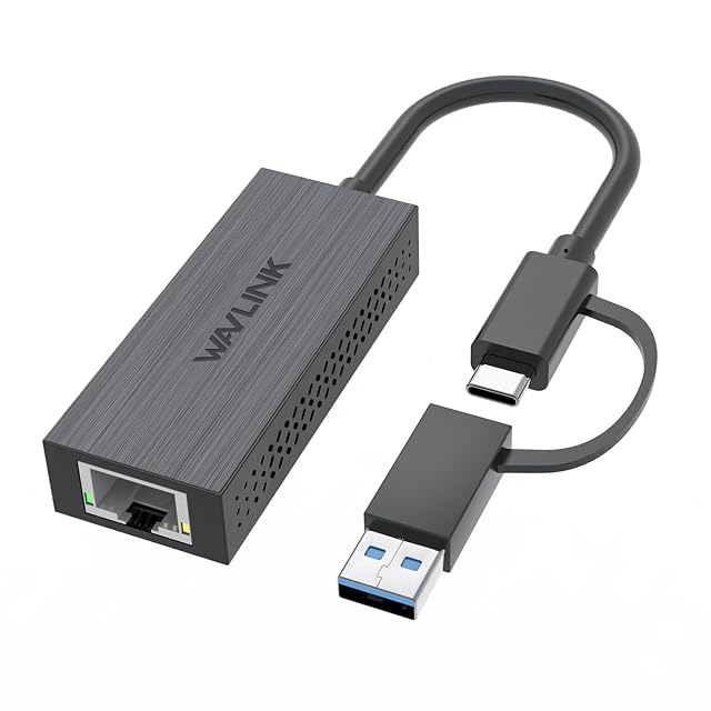 WAVLINK 2.5G USB LAN adapter with both USB Type-A and Type-C connectors and an RJ45 socket
