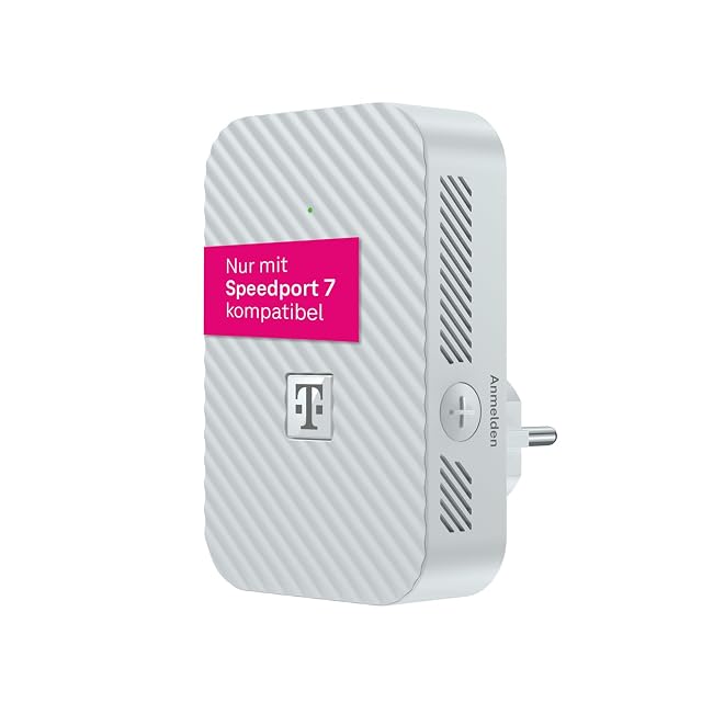 Telekom Speedport 7 Repeater upright white repeater with a magenta logo