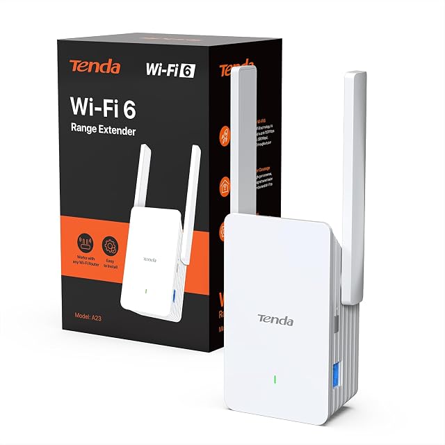 Tenda A23 white plug-in Wi-Fi 6 repeater with a status LED