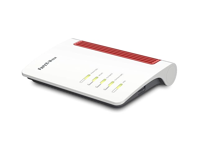 FRITZ!Box 7530 AX red and white DSL router lying flat