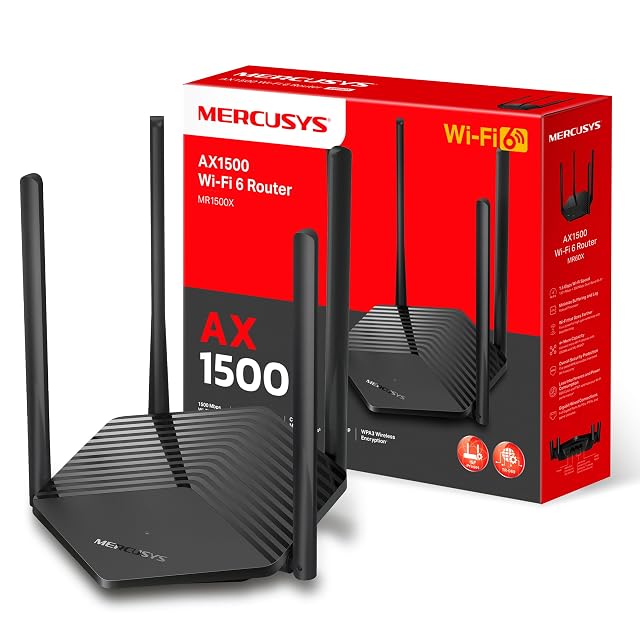 MERCUSYS MR1500X black router with four fixed antennas