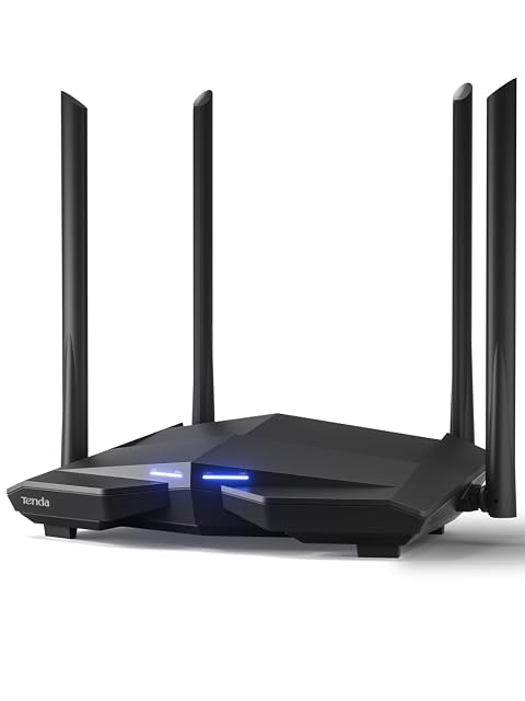 Tenda AC10 black flat router with four external antennas raised