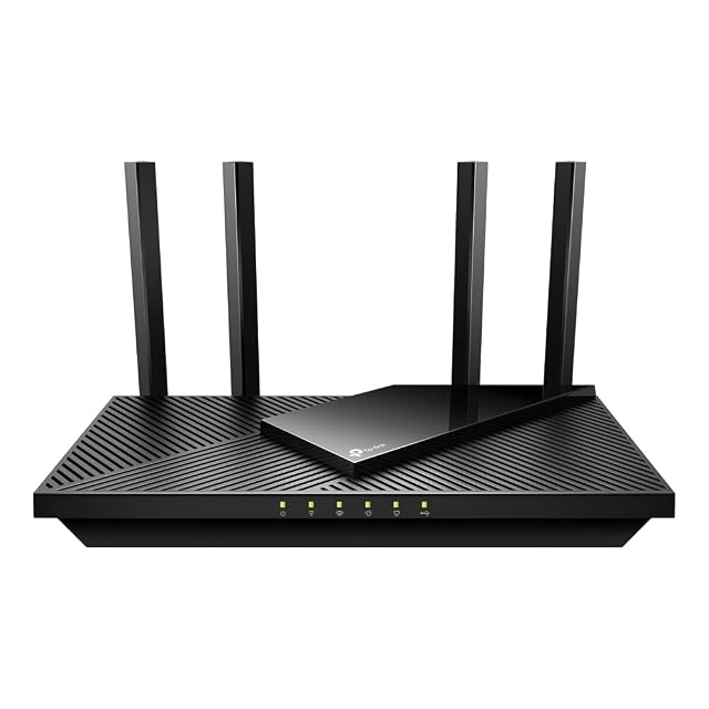 TP-Link Archer AX55 black flat router with four external antennas raised